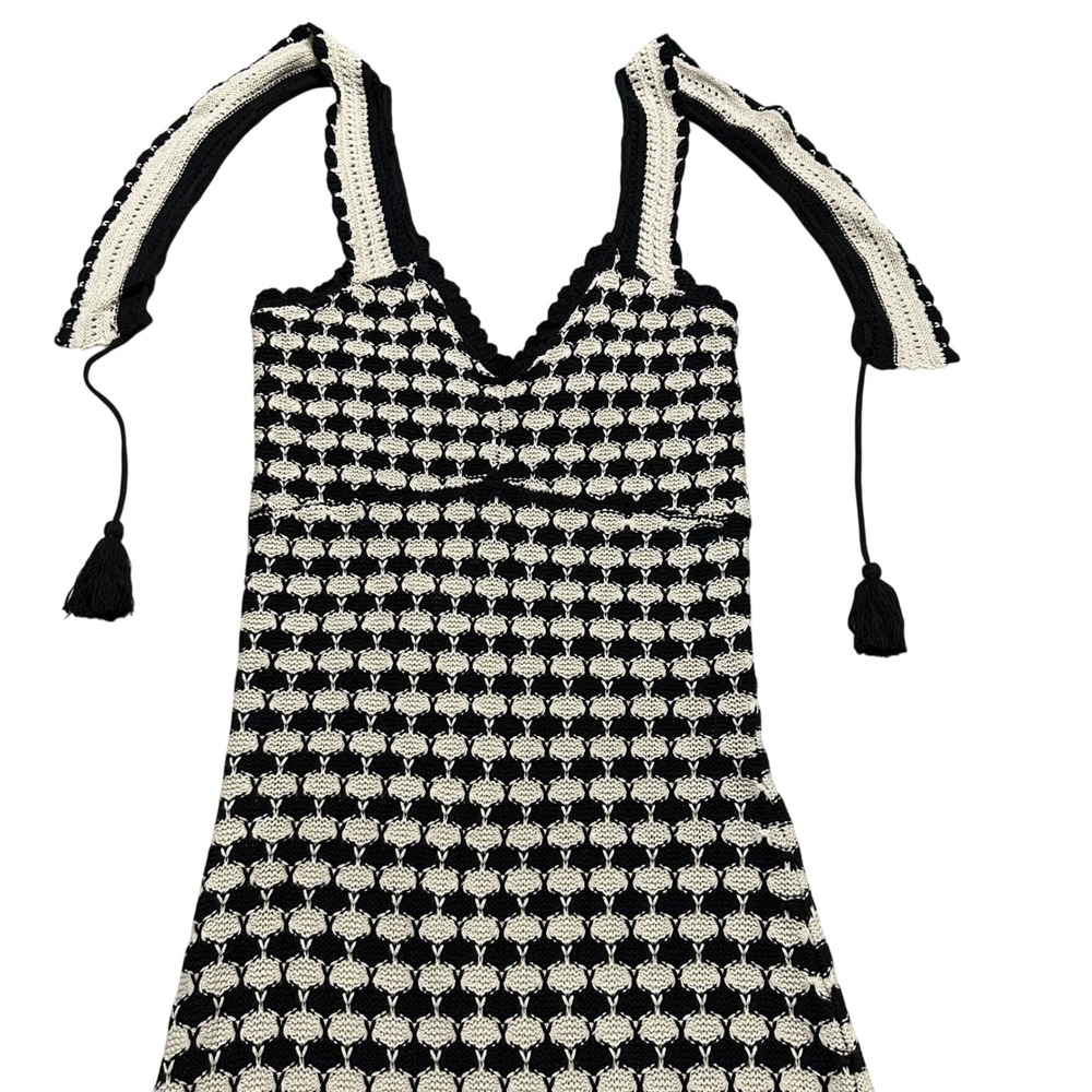 Miou Muse Crochet Knit Maxi Dress Ruffle Straps Retro Black Cream Honeycomb Boho - Picture 4 of 13